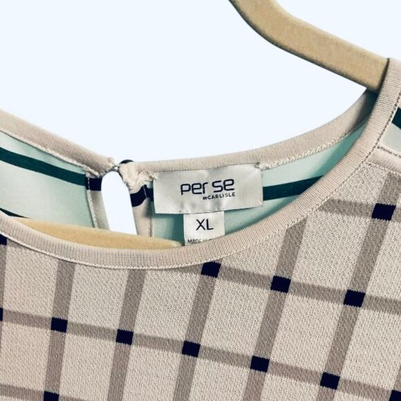 EUC Per Se by Carlisle Window Pane Plaid Cream Black top w/ Semi Sheer Sleeve XL - Picture 2 of 8